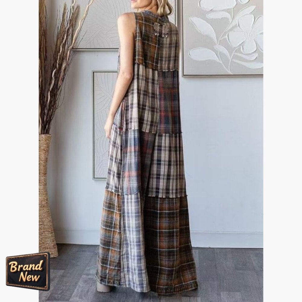 Sleeveless Patchwork Plaid Jumpsuit Loose Fit Wide Leg Overalls - Picture 3 of 4